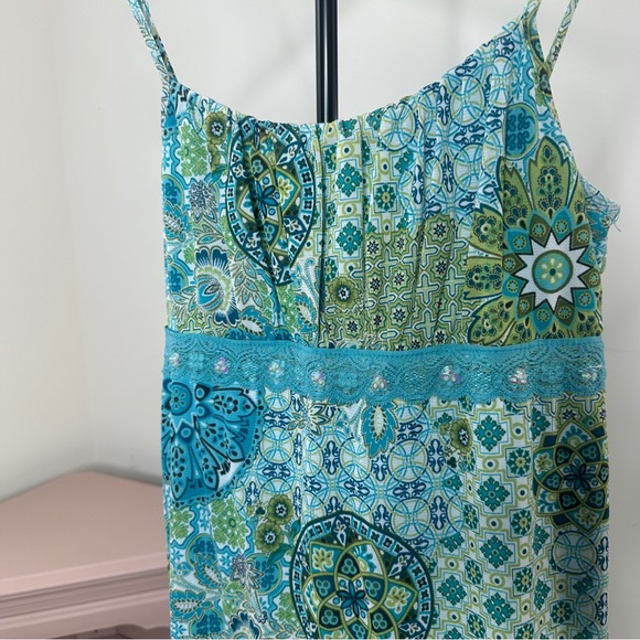 Paisley Boho Dress Turquoise Green Beaded Waist Ruffle Hem Rue 21 Large - Picture 2 of 6